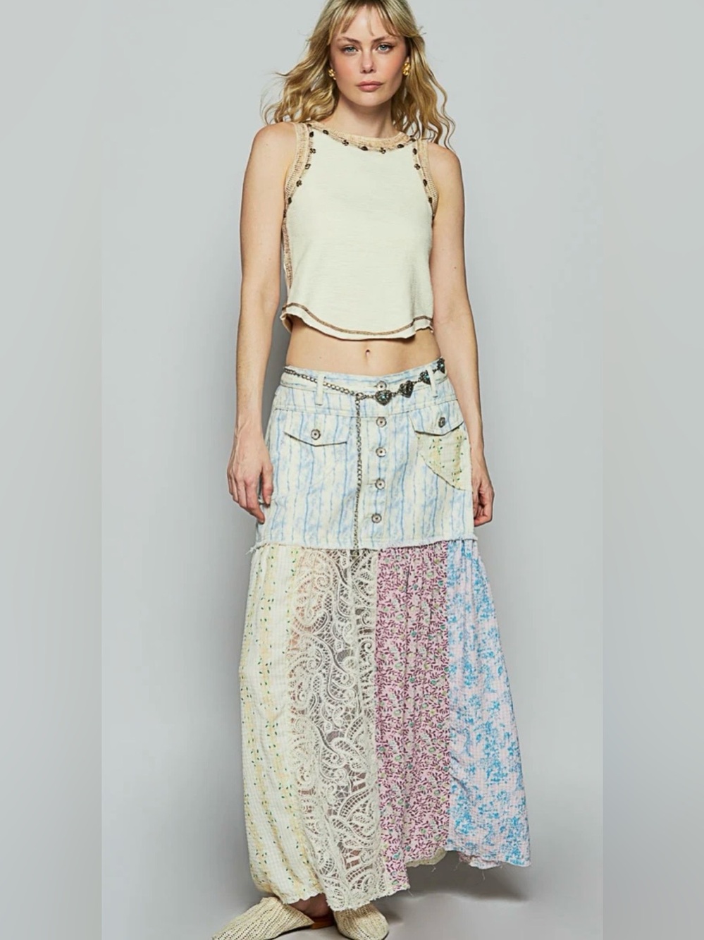 New POL Denim Multi Patchwork lace Boho Hippie Maxi Skirt S